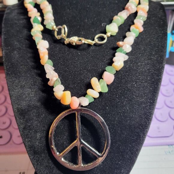 Semi-precious Multi Gemstone Chips Beaded Peace Sign Pendant Necklace - Picture 1 of 8